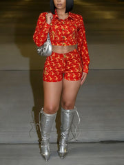 Fashion Print Embroidered Crop Shirt And Shorts Sets