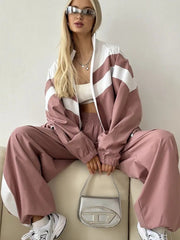 Contrast Panel Stand Collar Jacket and Pants Set
