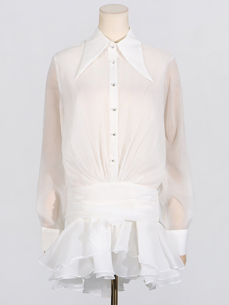 Fashion Sheer Mesh Ruffled Mini Shirt Dress