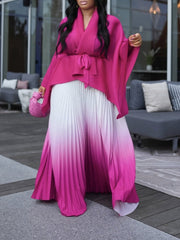 Bat Sleeve Cardigan Gradient Color Pleated Skirt Suit