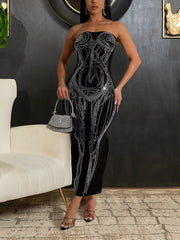 Rhinestone Nightclub Strapless Maxi Dress