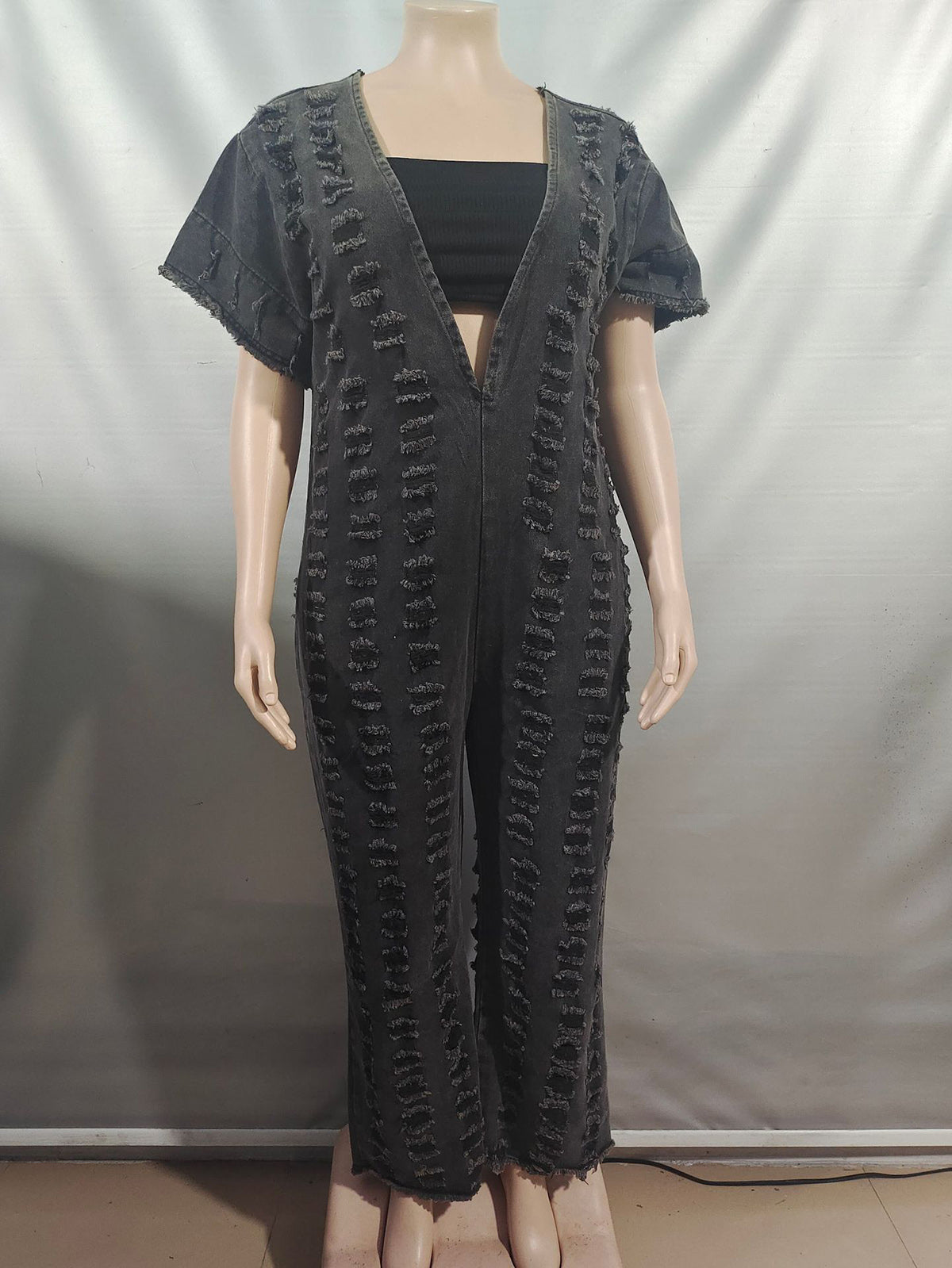Sexy Deep V Loose Ripped Denim Jumpsuit