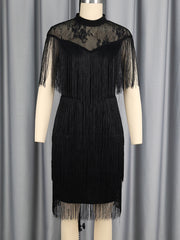Elegant Round Neck Fringe Mesh Midi Dress