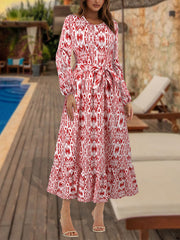 Elegant Round Neck Floral Print Slim Midi Dress