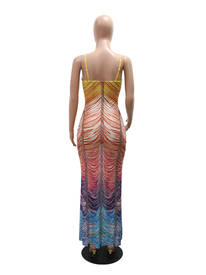 Gradient Color Print Rhinestones Sleeveless Maxi Dress