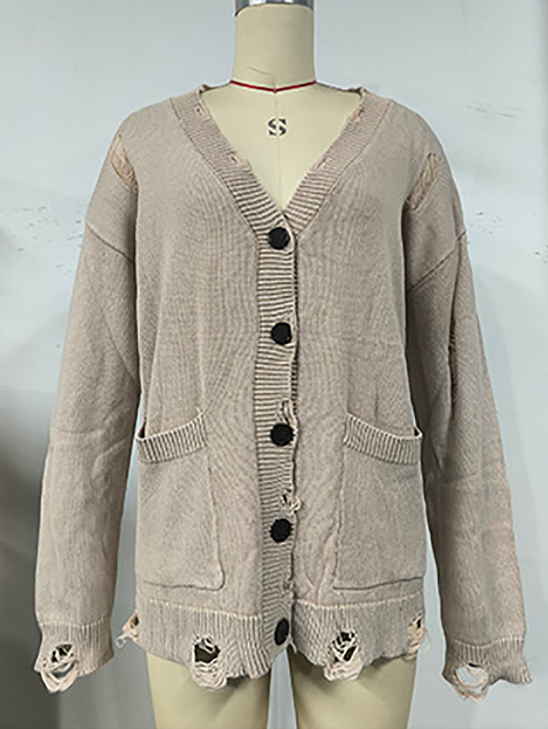 Solid Knit Button Frayed Cardigan