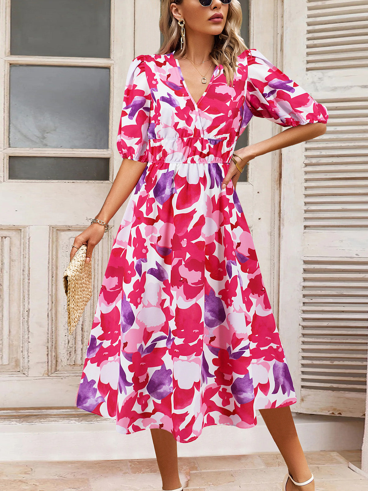 Casual V-neck Bohemia Print A-Line Dress