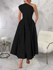 Casual Sleeveless Skew Collar Split Dress