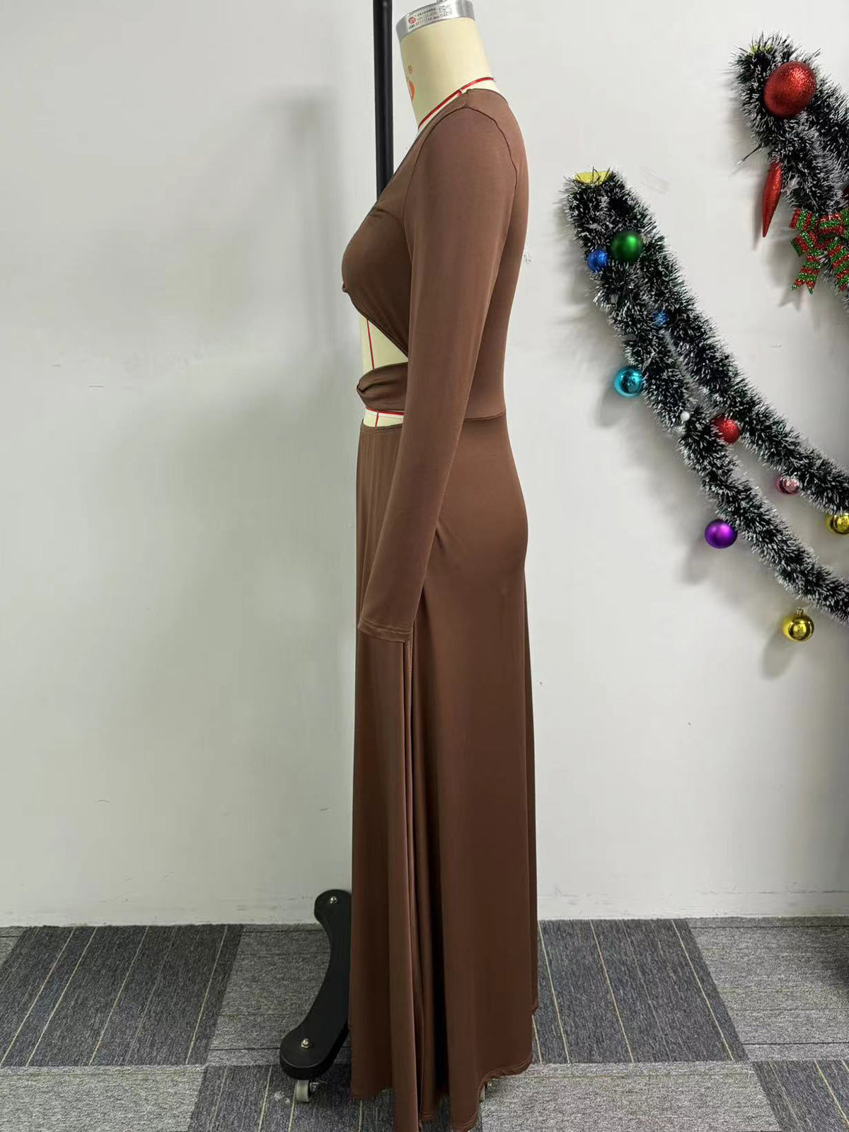 Square Neck Hollow Out Tight Split Maxi Dress