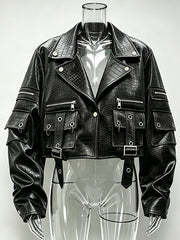 Croc Texture Buckle Crop Biker Jacket-boutique
