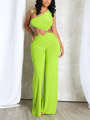 Sexy Oblique Shoulder Ring Stitching Straight Jumpsuit