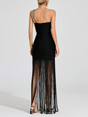 Rhinestone Embellishment Off Shoulder Fringe Maxi Dress