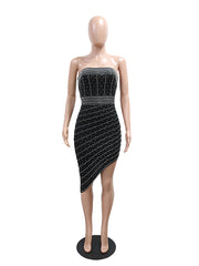 Sexy Rhinestone Asymmetrical Strapless Midi Dress
