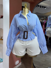 Elegant Long Sleeve Striped Belted Shirt