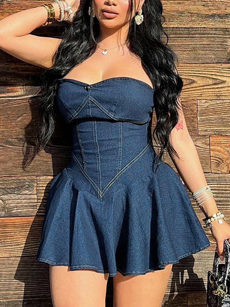 Patchwork Strapless Pleated Hem Tube Denim Dress