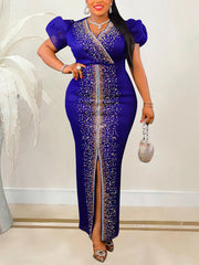 V Neck Rhinestone Puff Sleeves Bodycon Slit Dress