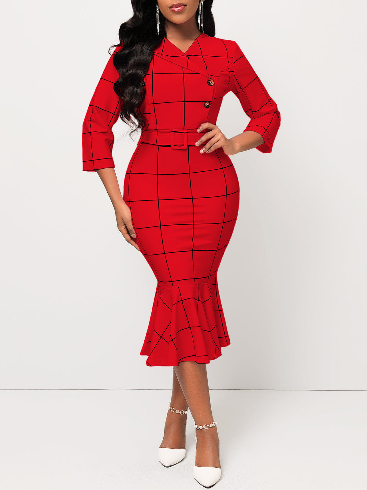 Fashion Belted Plaid Button Mermaid Dress