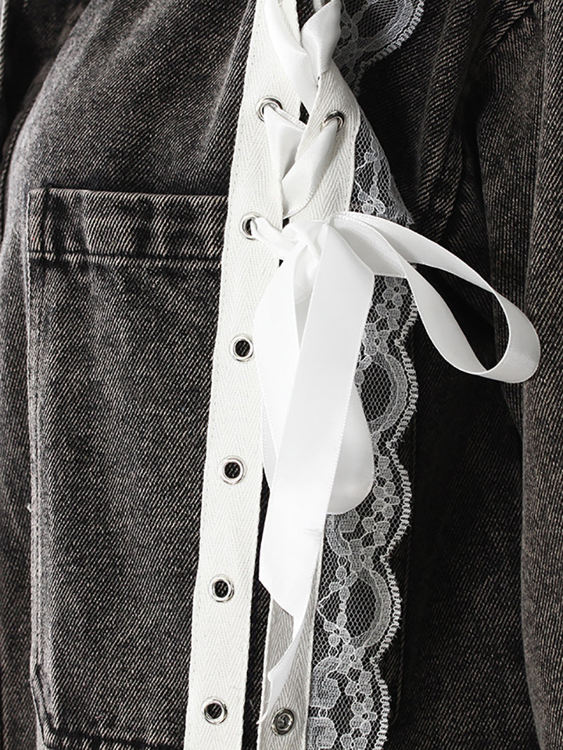 Retro Lace Splicing Washed Loose Denim Shirt Jacket