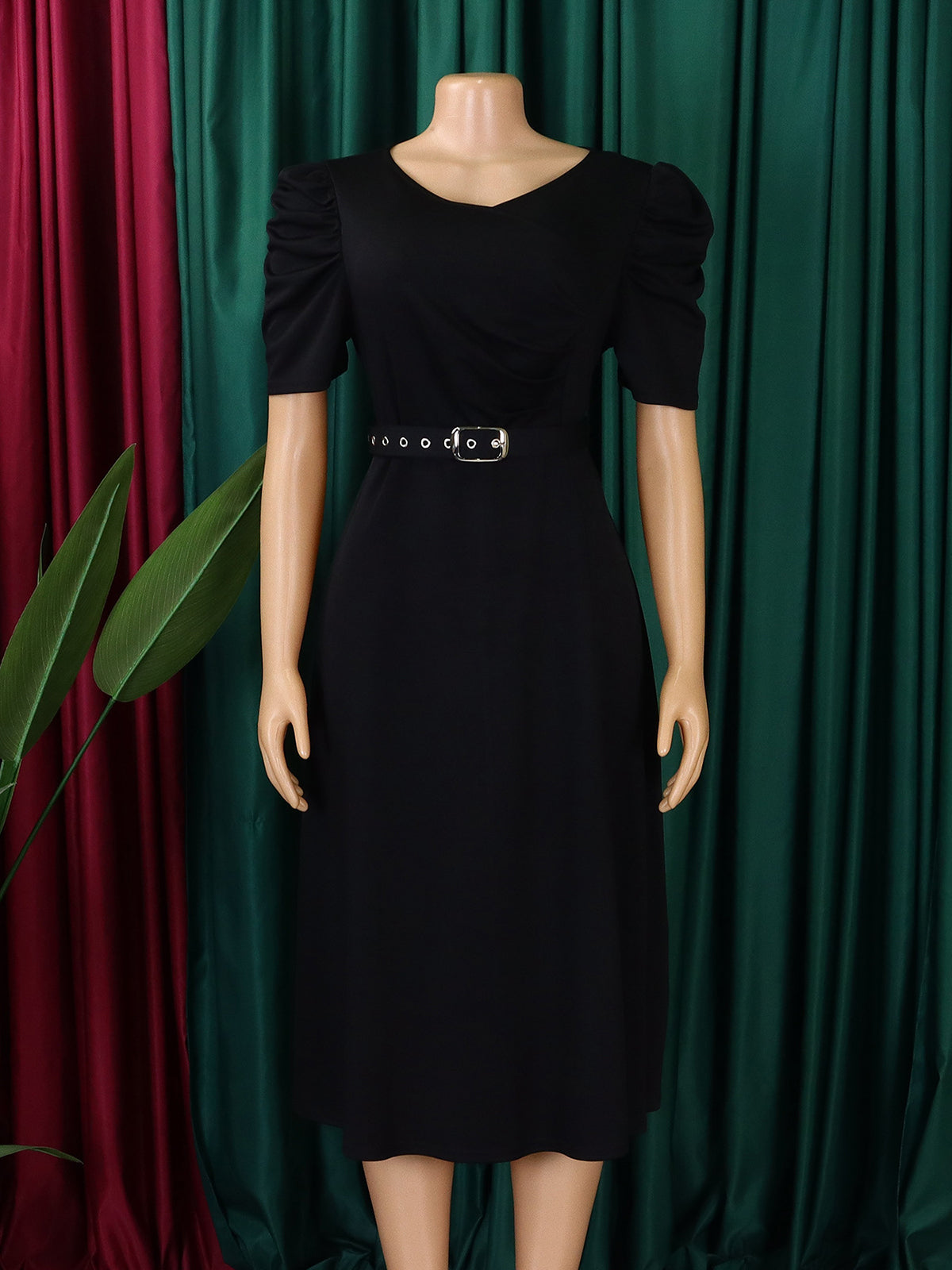 Casual V-neck High Waist Pleated Hem Midi Dress