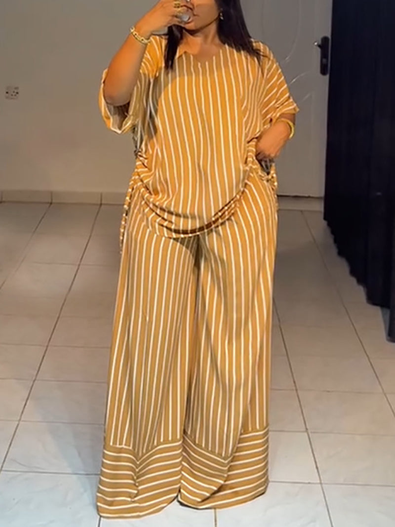 Fashion Stripe V-neck Shirt Wide Leg Pant 2 Piece Set