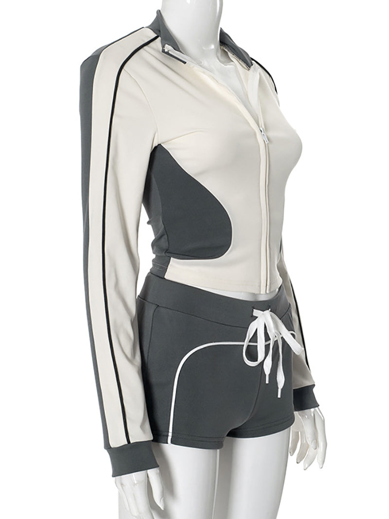 Stand Collar Sports Top and Shorts Two-Piece Set