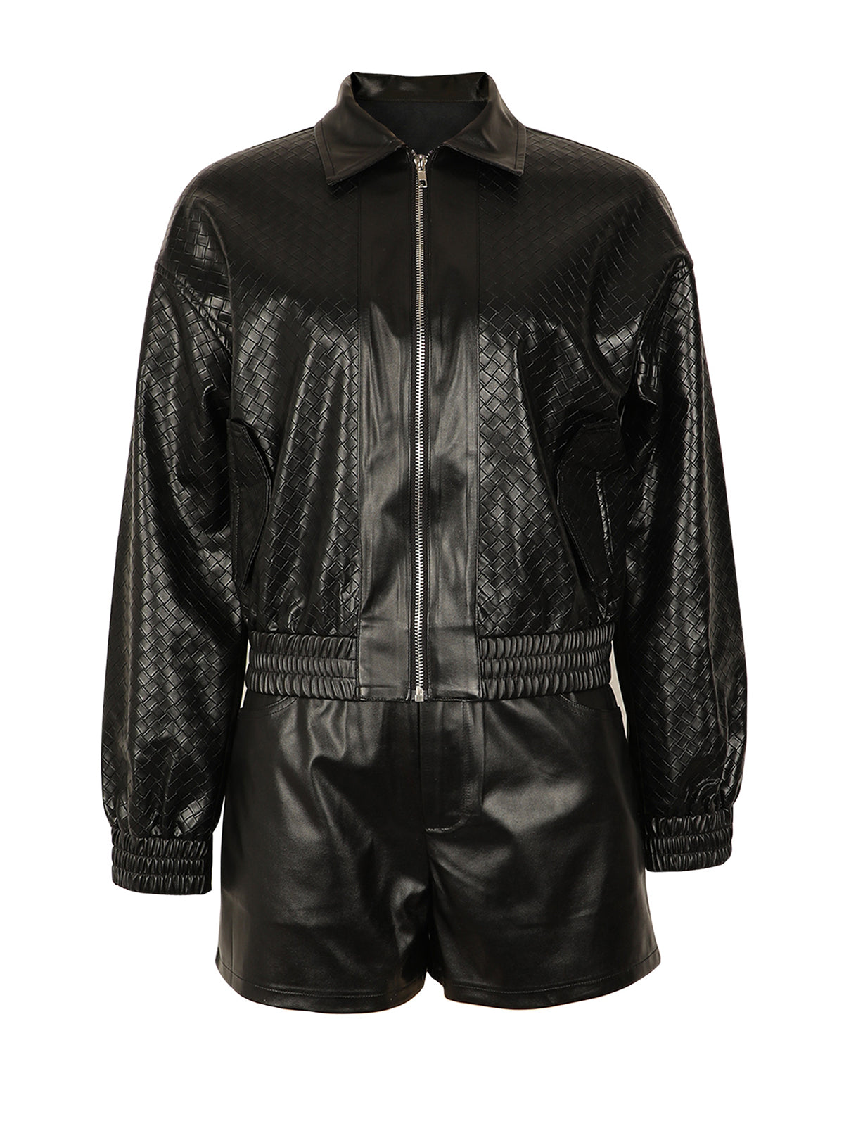 Fashion Zip Faux Woven Leather Jacket Shorts Sets