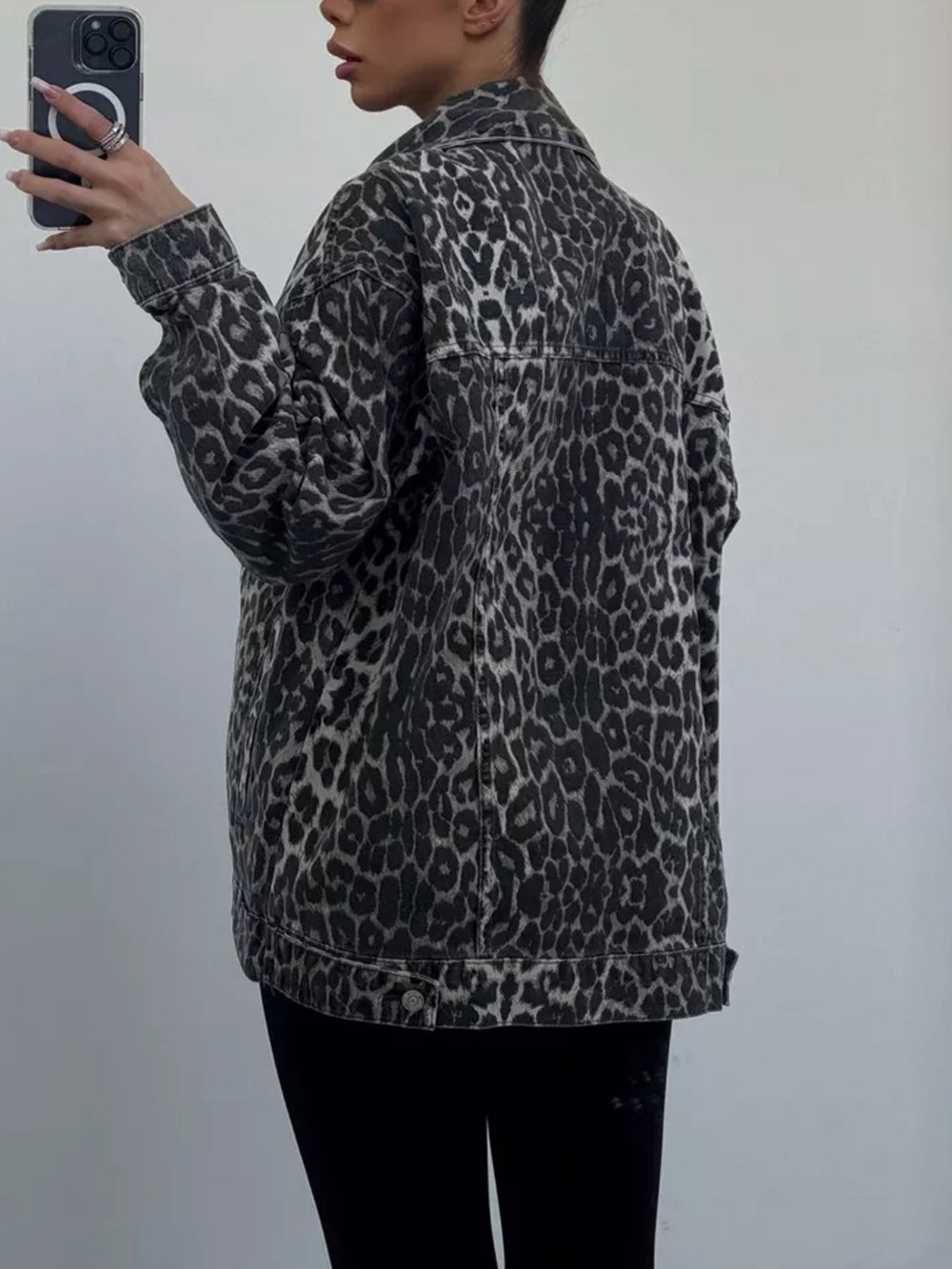 Street Casual Leopard Print Denim Jacket