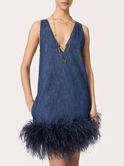 Sleeveless Feather Trim Denim Mini Dress