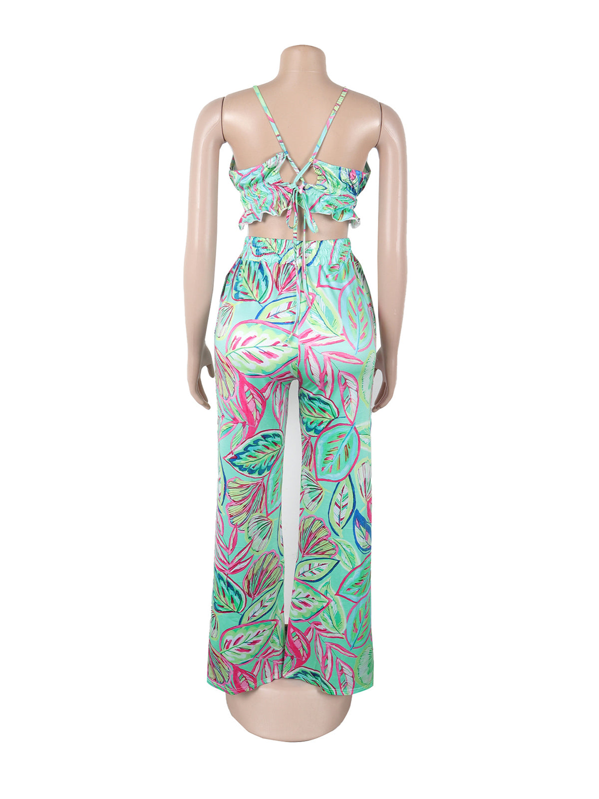 Sexy Print Crop Top High Waist Wide Leg Pants Set