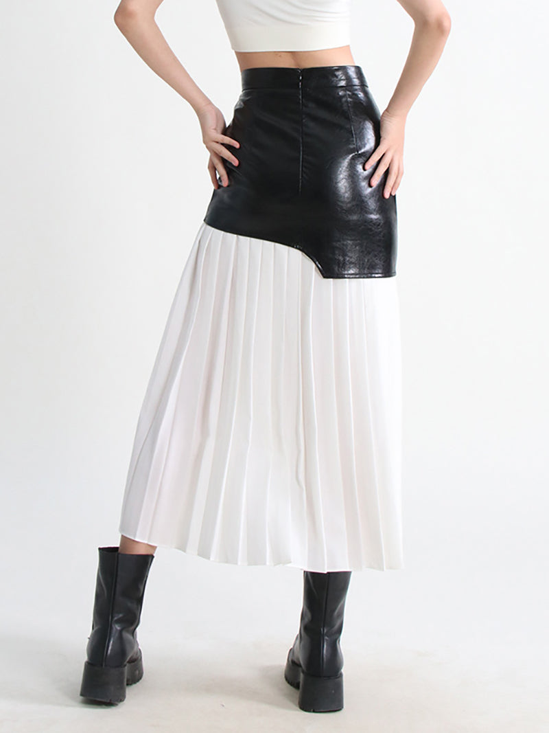 High Waist Pu Leather Patchwork Mesh Pleated Skirt