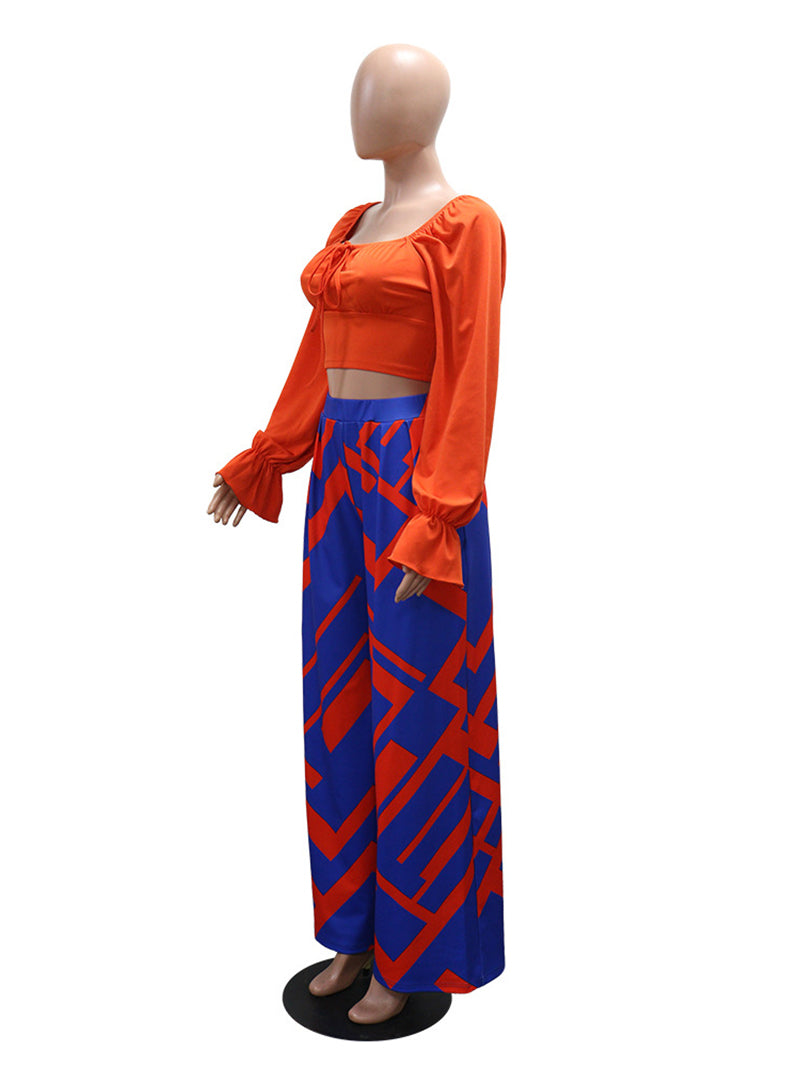 Casual Print Lace-up Crop Top Wide Leg Pants Set