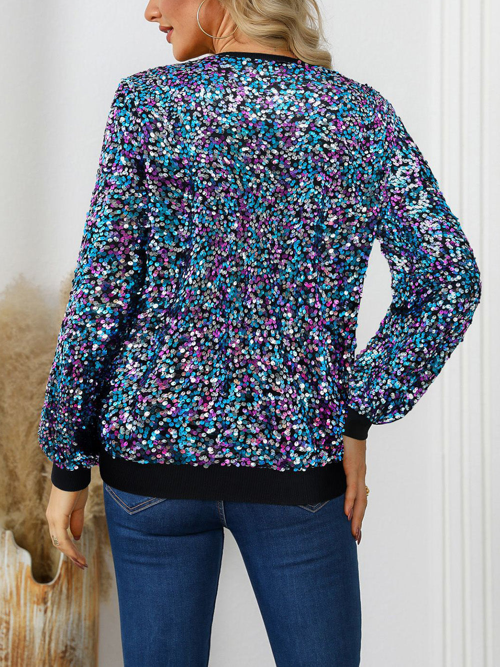 Fashion Rainbow Sequin Crew Neck Pullover Sweatshirt