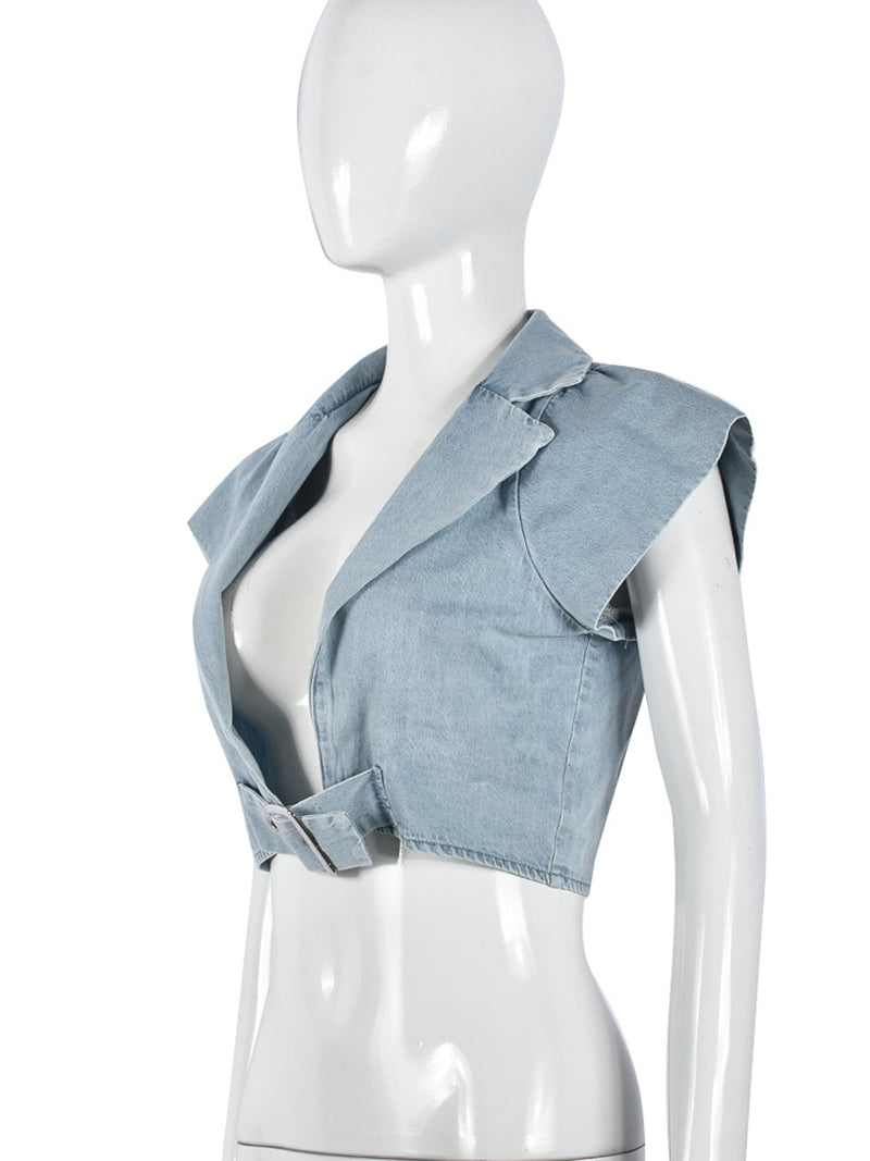 Fashion Cropped Cardigan Denim Waistcoat