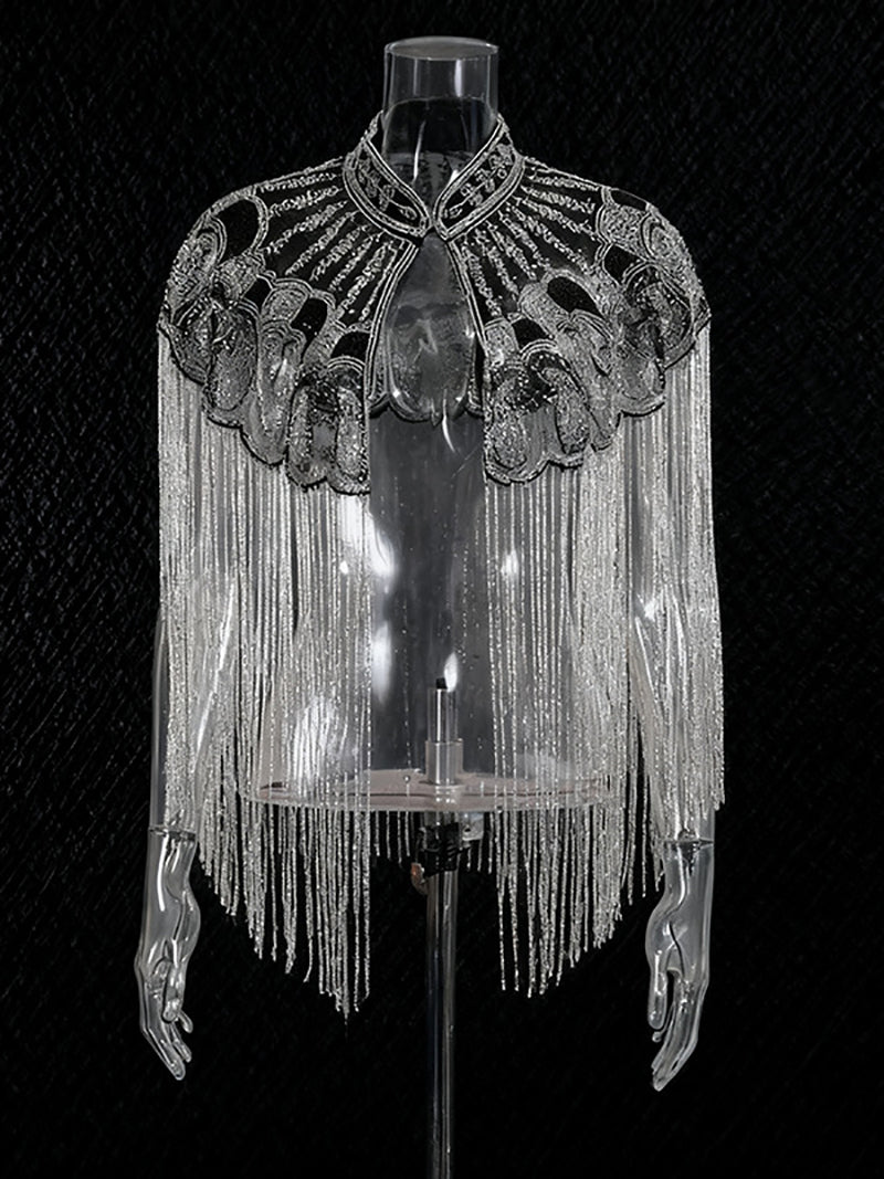 Fashion Sparkly Beaded Fringed Cape Coat