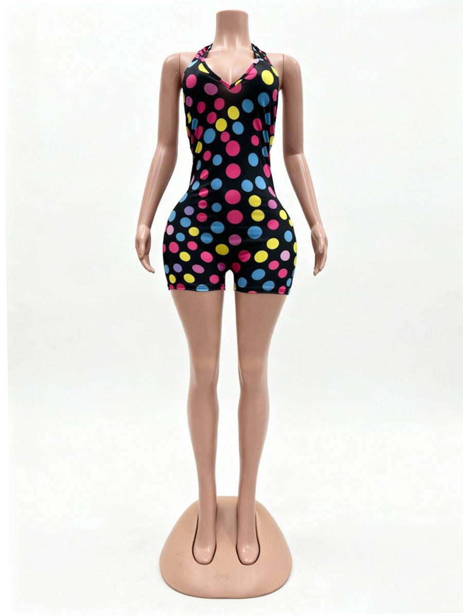 Sexy Halterneck Lace-up Polka Dot Slim Romper