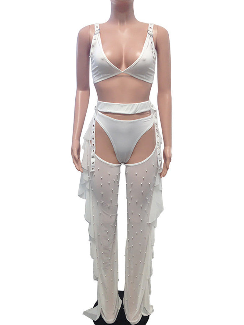 Mesh See Through Crop Top Ruffle Pants Two Piece Set