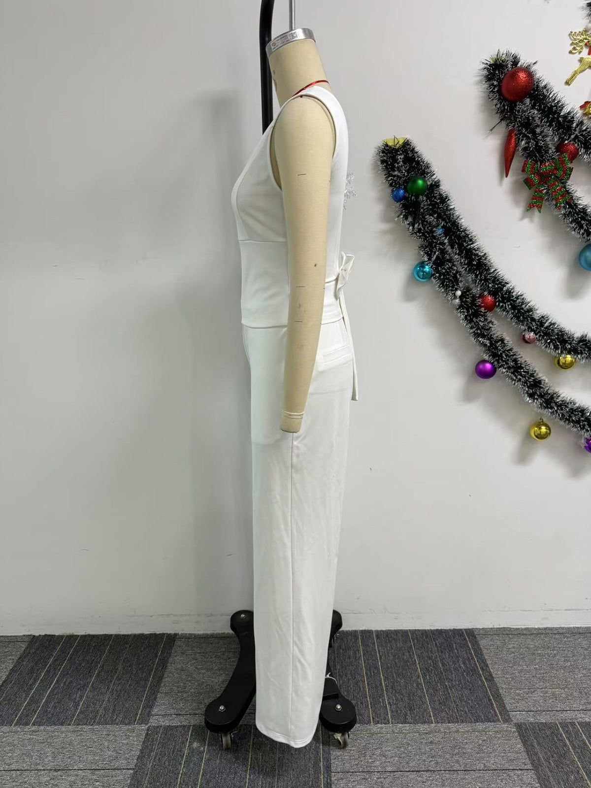 Casual V-neck Backless Bow Decor Top Straight Pants Set