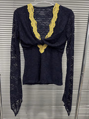 Sexy V Neck Lace Trim Slim Shirt Top