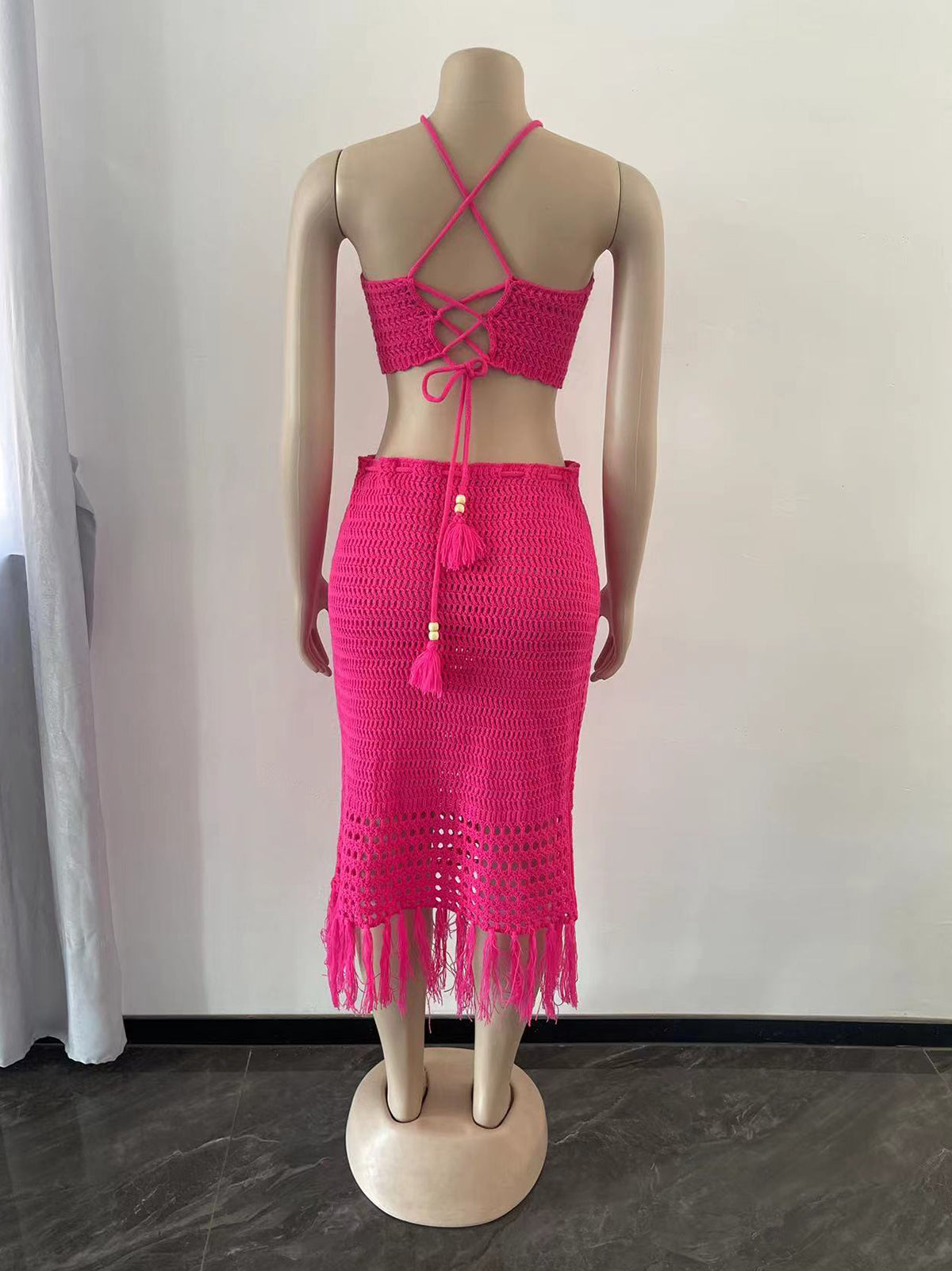 Tassels Fishnet knit Beach Two Piece Set