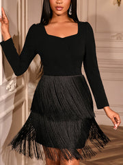 Elegant Square Neck Slim Fringe Tiered Dress