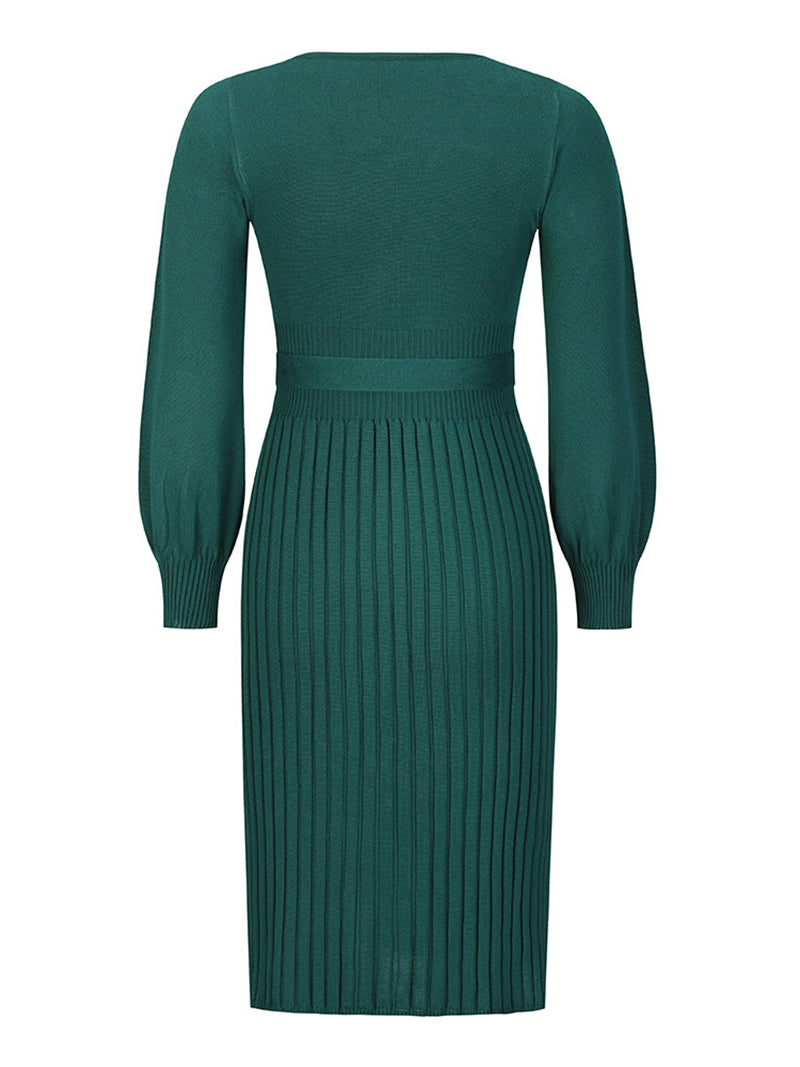 Fashion Round Neck Knit Pleated Sweater Dress