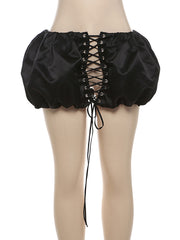 Lace up Solid Ruched Ribbon Mini Skirt