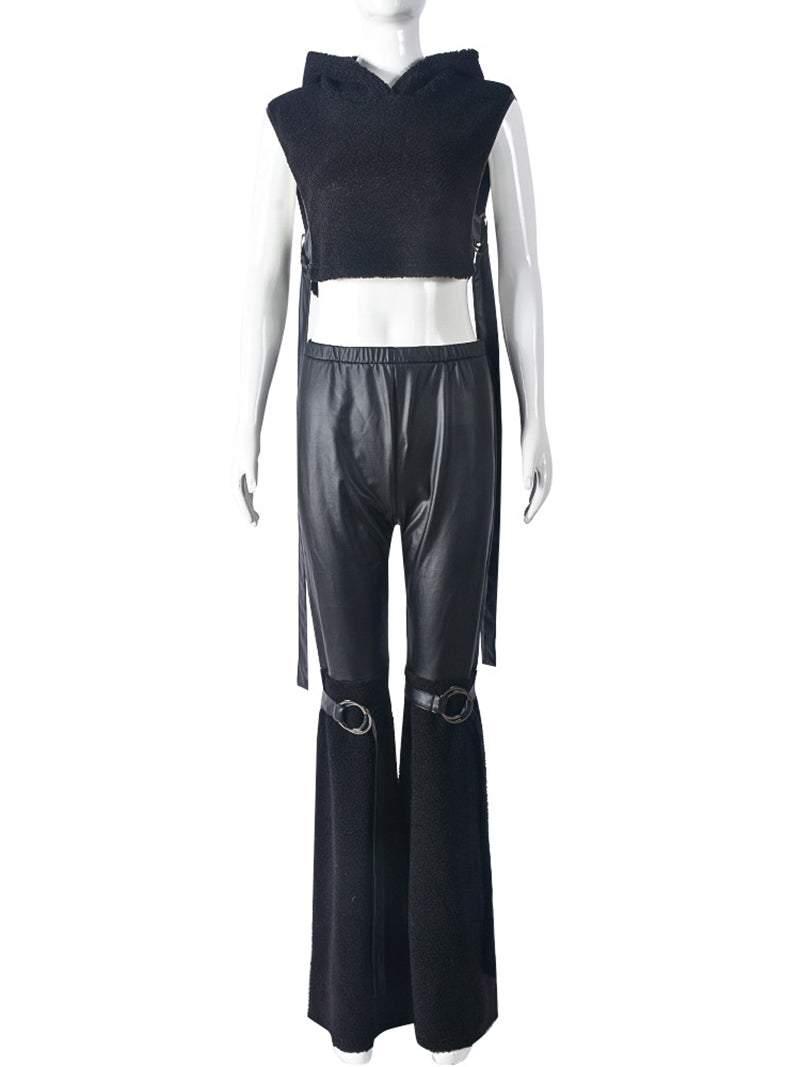 Fashion Hooded Sleeveless Tops PU Leather Pants Set