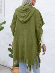 Fringe Trim Buttoned Hooded Poncho