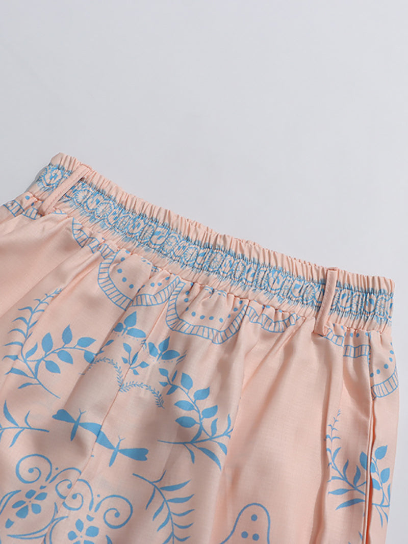 Print Puff Short Sleeve Shirt And Straight Pants Set