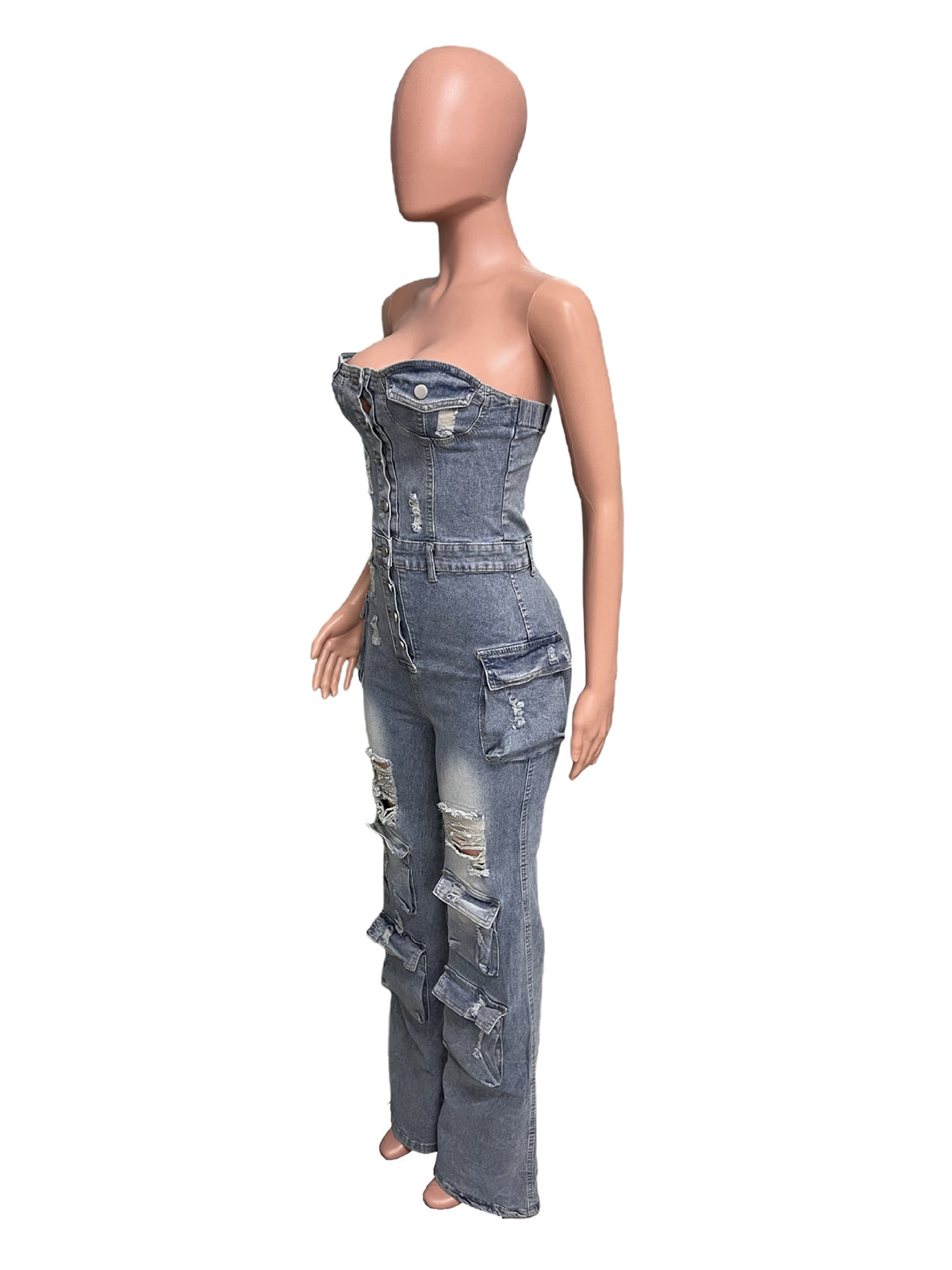 Fashion Strapless Cargo Denim Jumpsuit