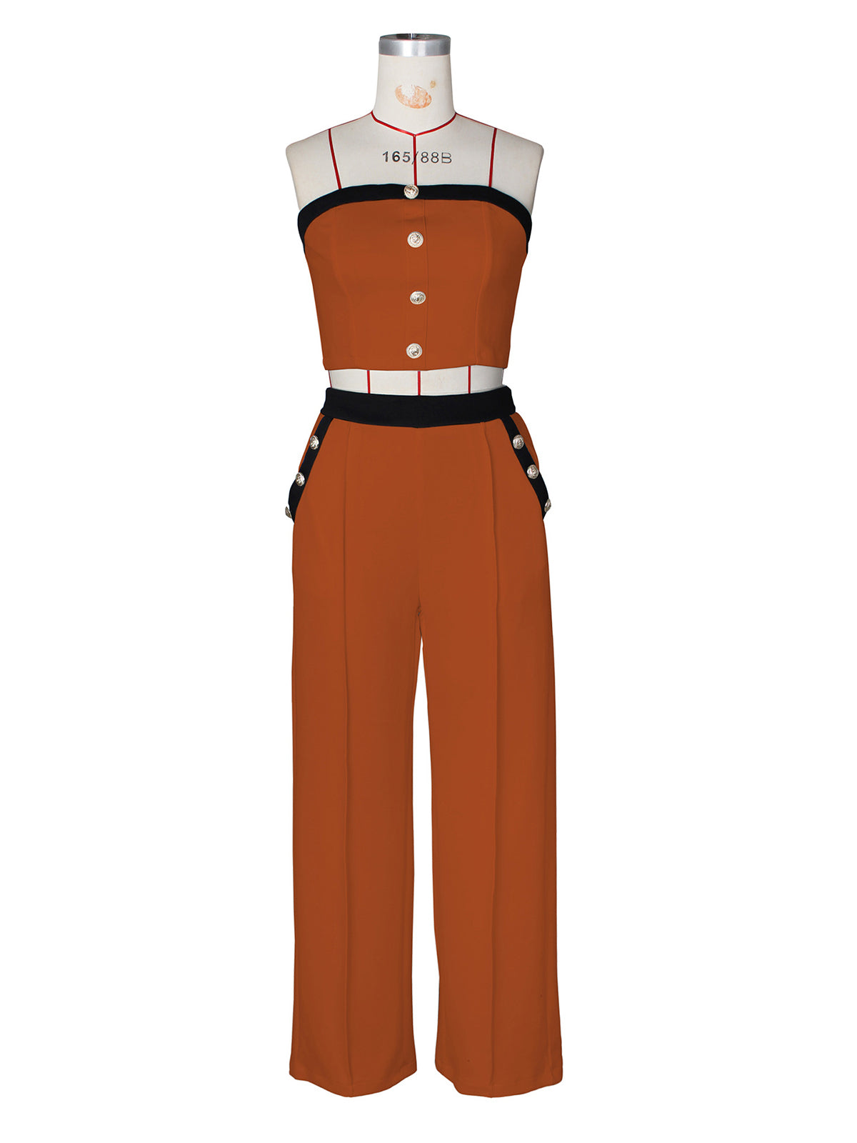 Sexy Color Block Decorative Button Straight Pants Set