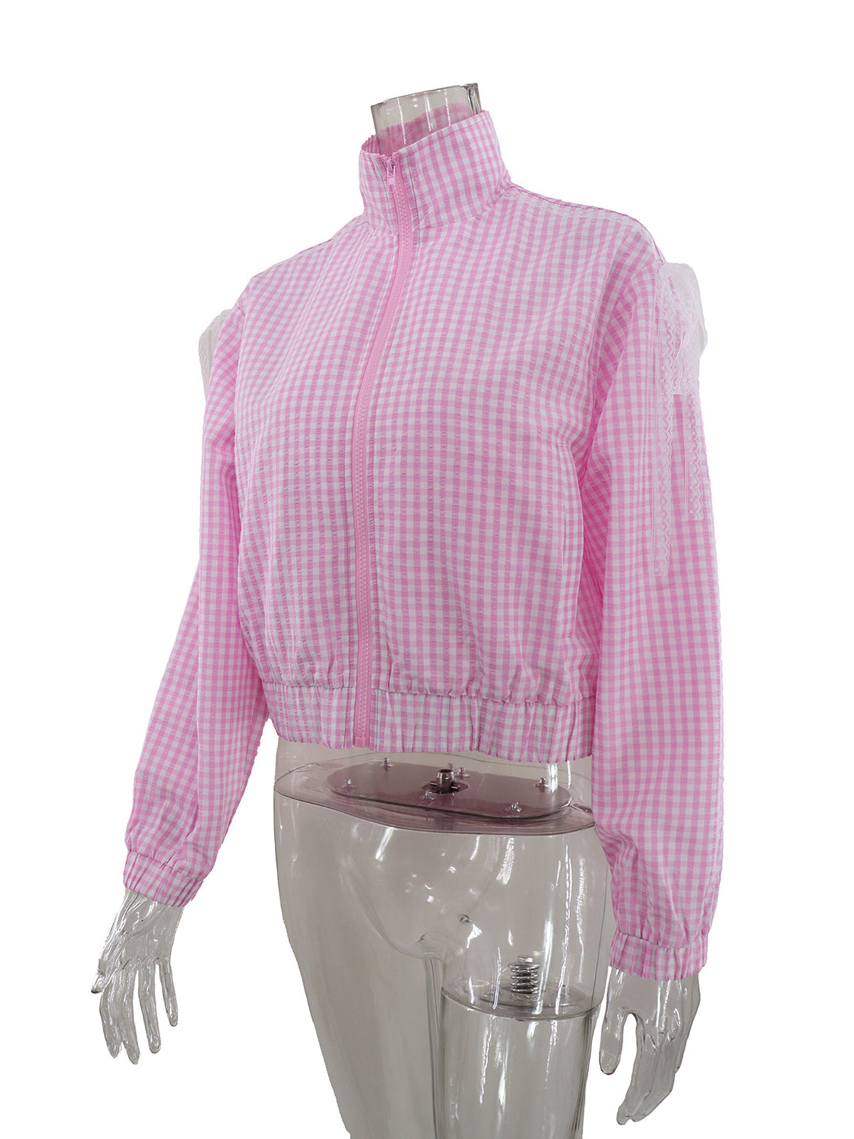 Casual Lace Bow Embellishment Plaid Zip Shirt Top
