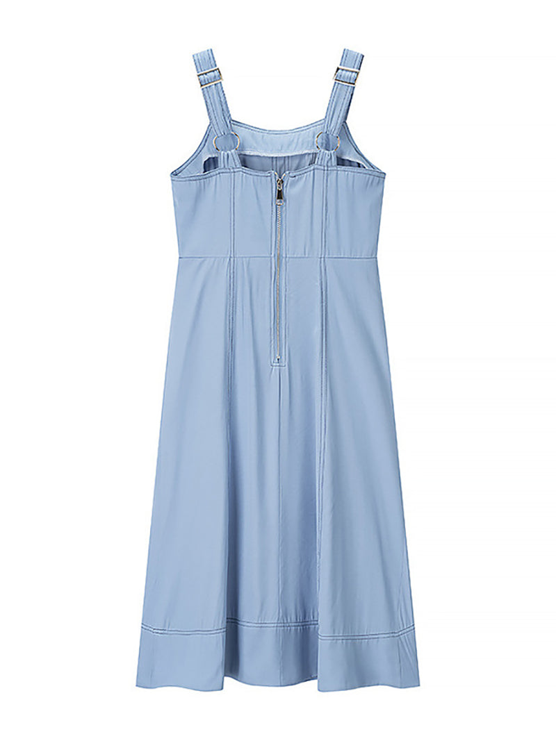 Denim Suspender Button-Down Casual Midi Dress