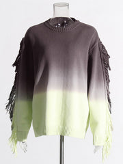 Casual Gradient Color Long Sleeve Fringe Knit Sweater